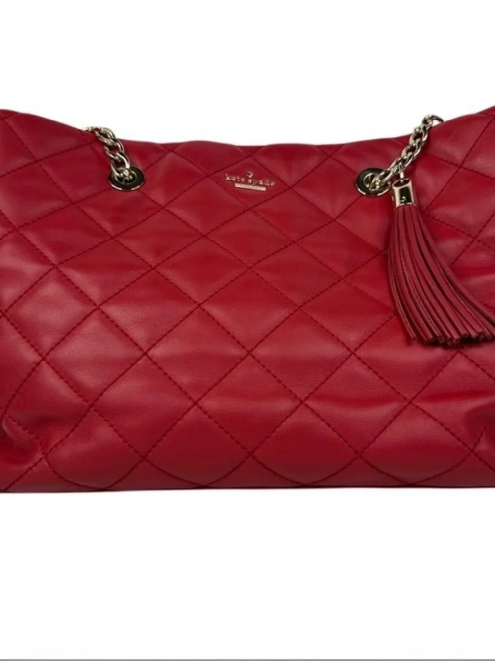 kate spade Quilted Emerson Priya Red Leather Tote with Tassel and Chain Straps